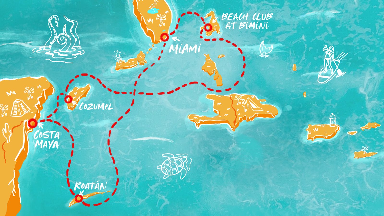 Map of Honduras, Mexico & Bahamas itinerary
