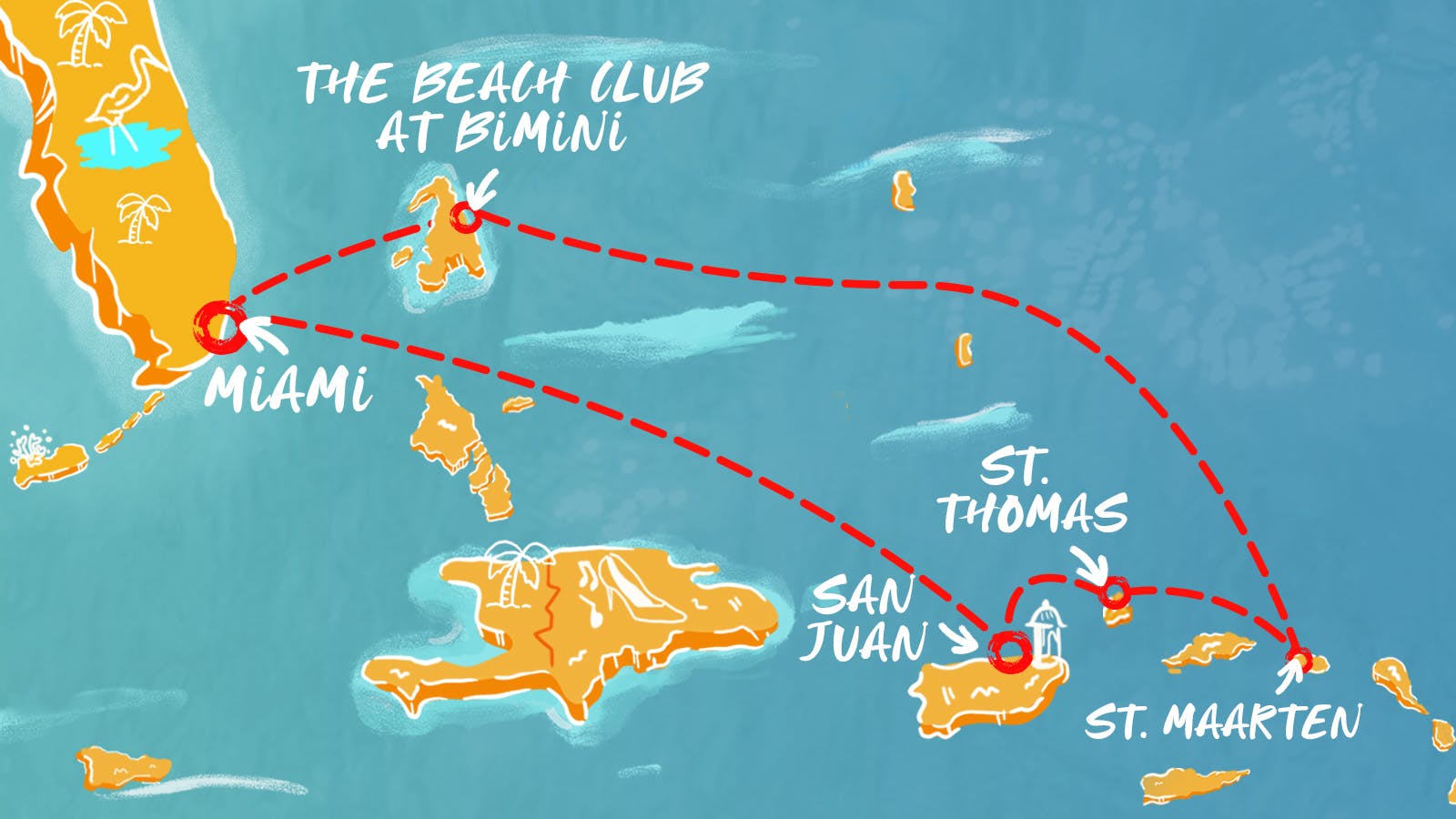 Map of Eastern Caribbean & Bimini Beach Club itinerary