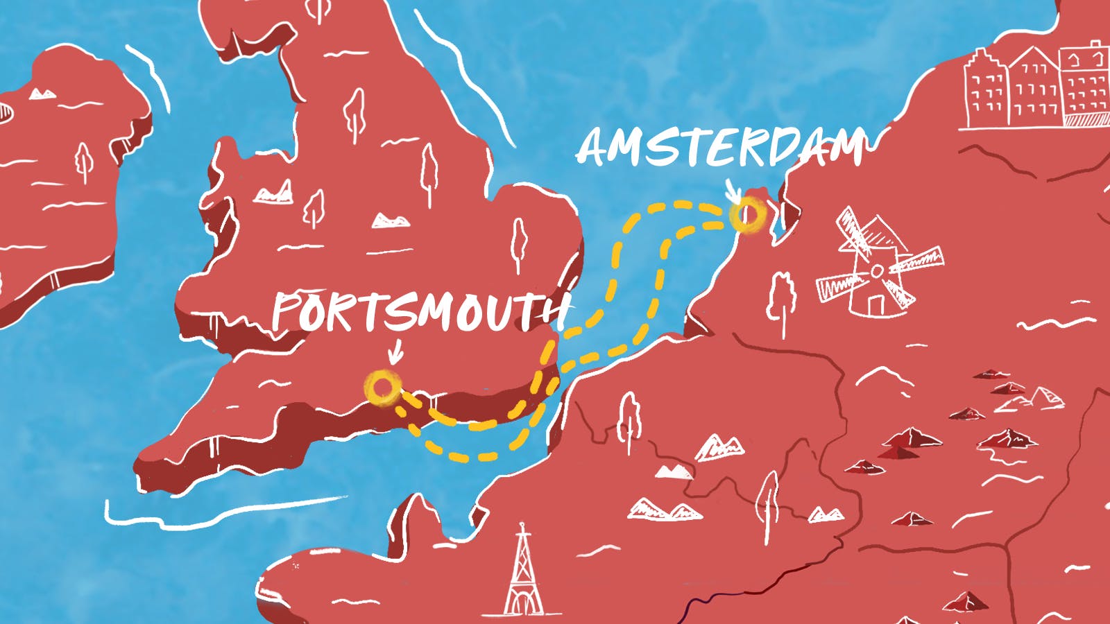 Map From England to Amsterdam (& back) itinerary
