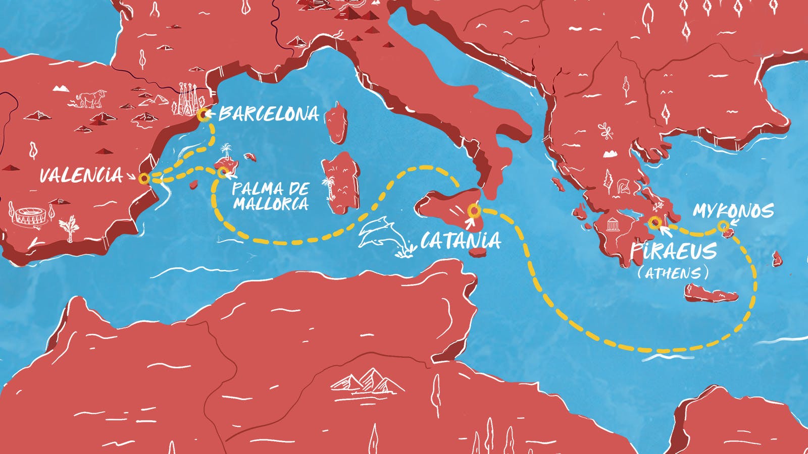 Map of Mykonos Moons to Spanish Sunrises itinerary