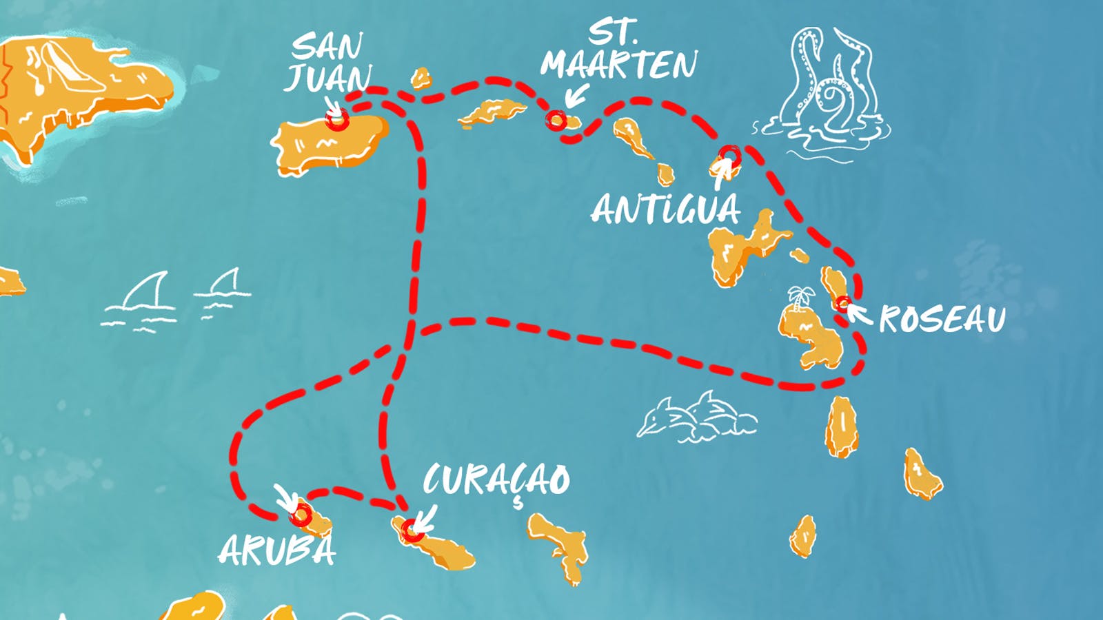Map of Aruba, Curaçao and the Lesser Antilles itinerary