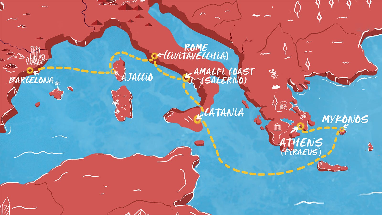Map of Barcelona to Amalfi, Sicily & Greece itinerary
