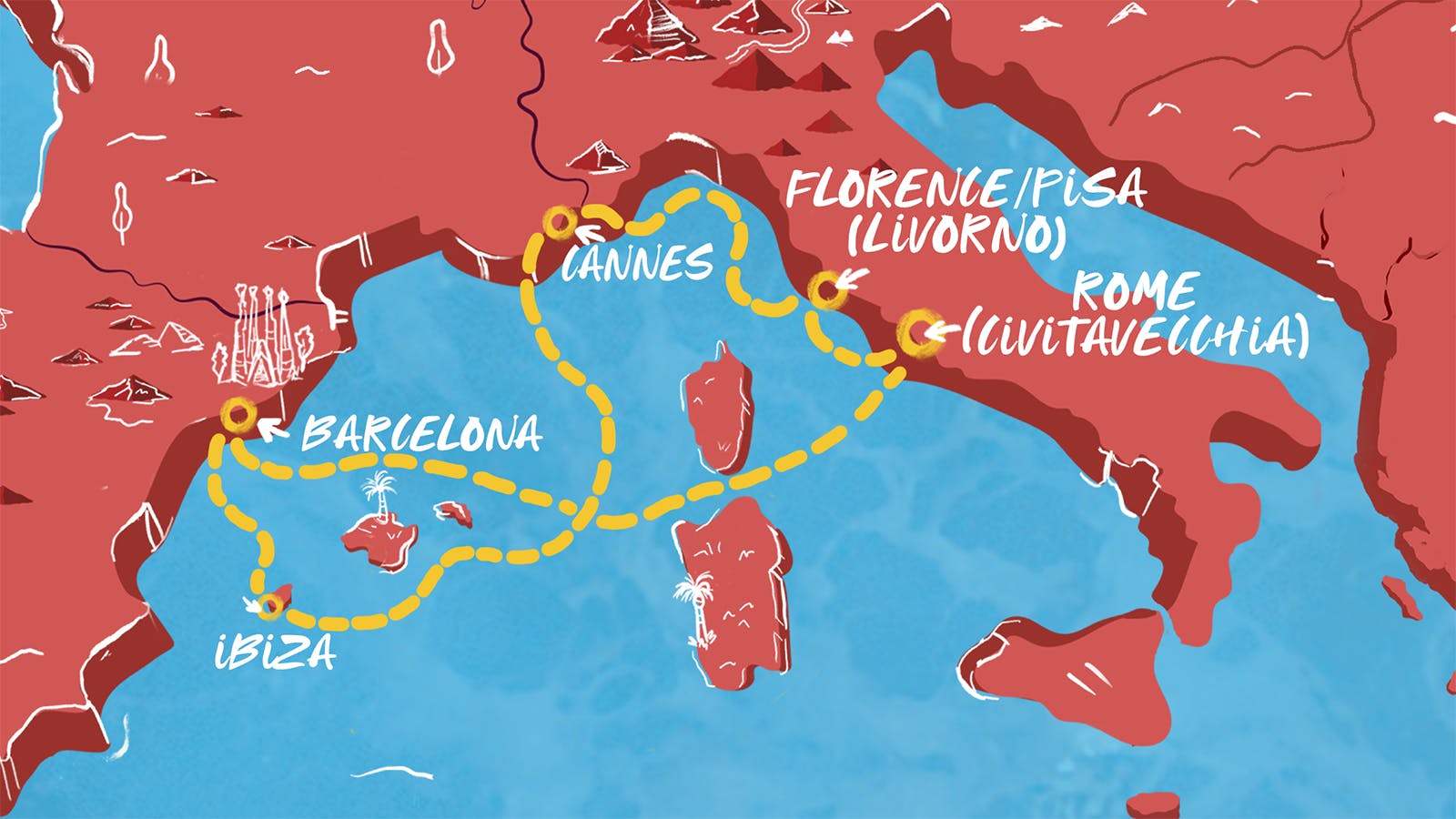 Map of French Riviera, Italy, Rome & Ibiza itinerary