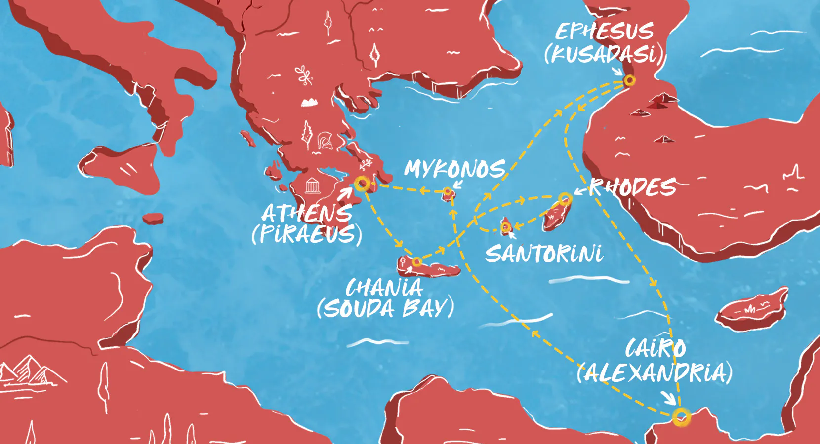 Map of Greek Isles, Turkey & Cairo Overnight itinerary