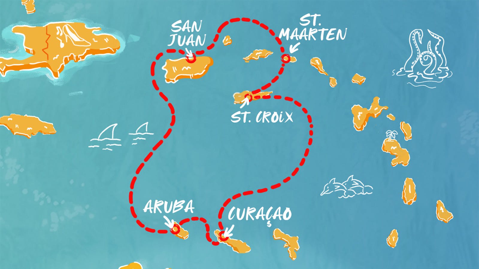 Map of Aruba, Curaçao and the St. Isles itinerary