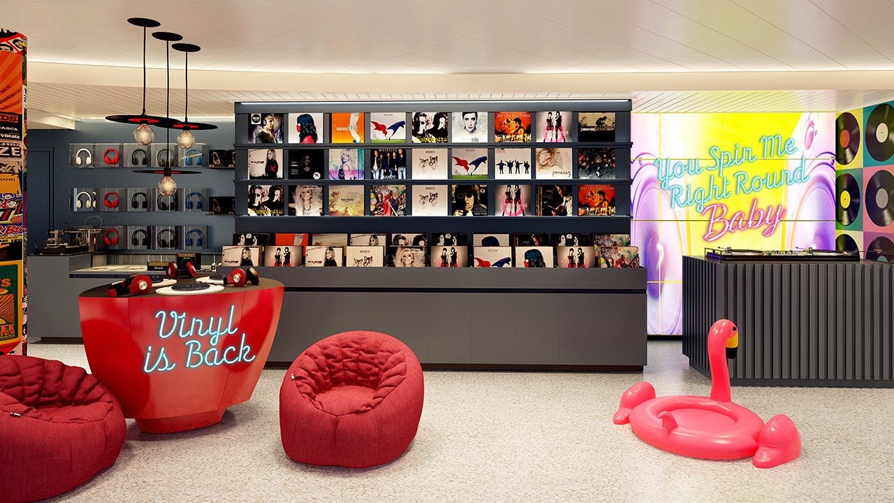 A record shop featuring vinyl and listening stations