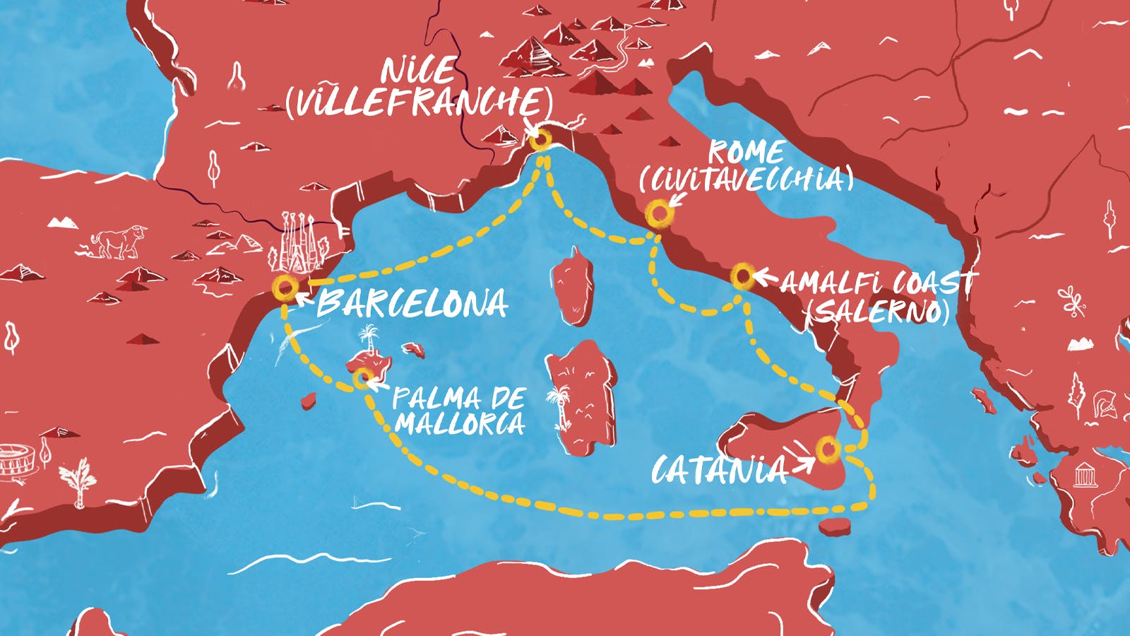 Map of Italy, Spain & French Riviera itinerary