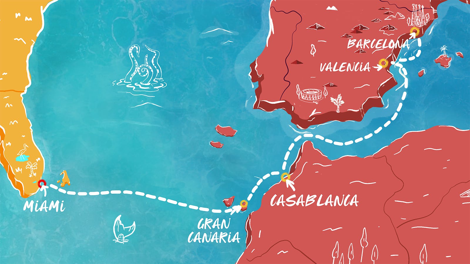 Map of Transatlantic Miami to Morocco & Spain itinerary