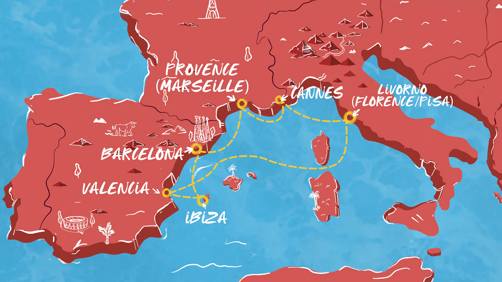 Map of Italy, Spain & French Riviera itinerary