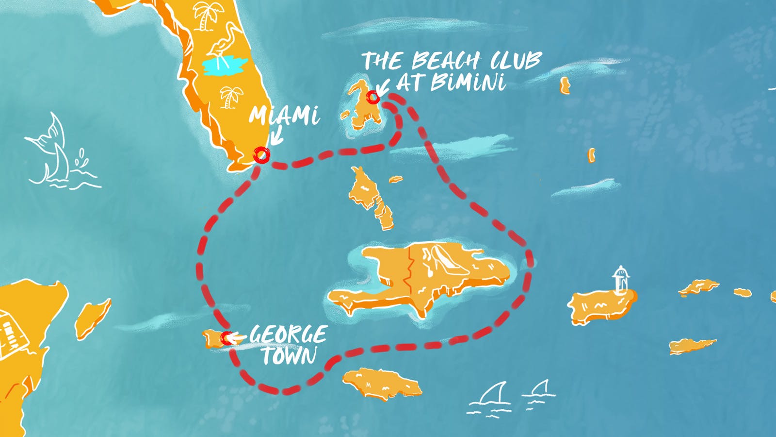 Map of Grand Cayman & Bimini Beach Club itinerary
