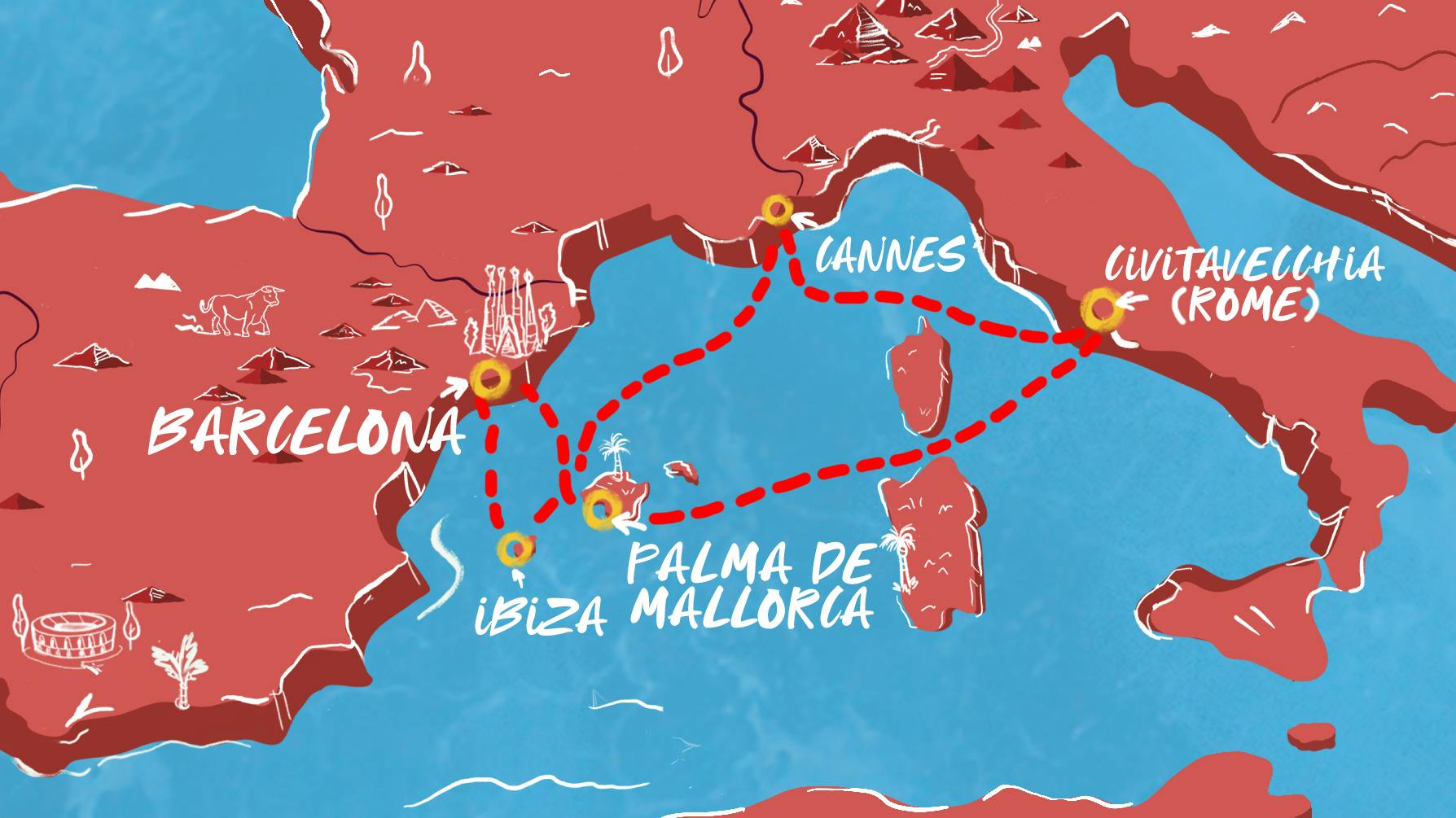 Map of Spanish Isles, Rome & Cannes itinerary