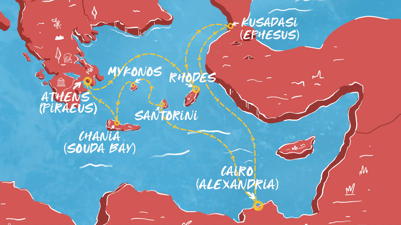 Map of Greek Isles, Turkey & Cairo Overnight itinerary