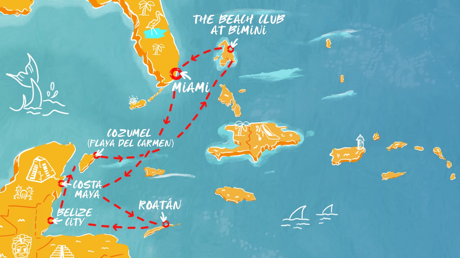 Map of Western Caribbean & Bimini Beach Club itinerary