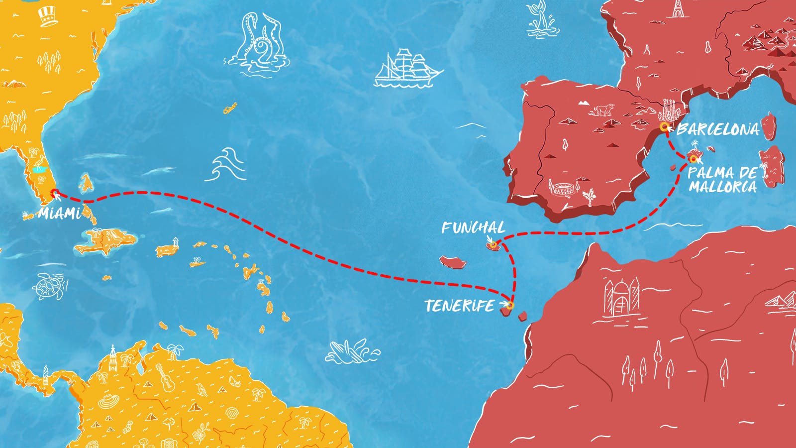 Map of Spain to Miami Halloween Transatlantic itinerary