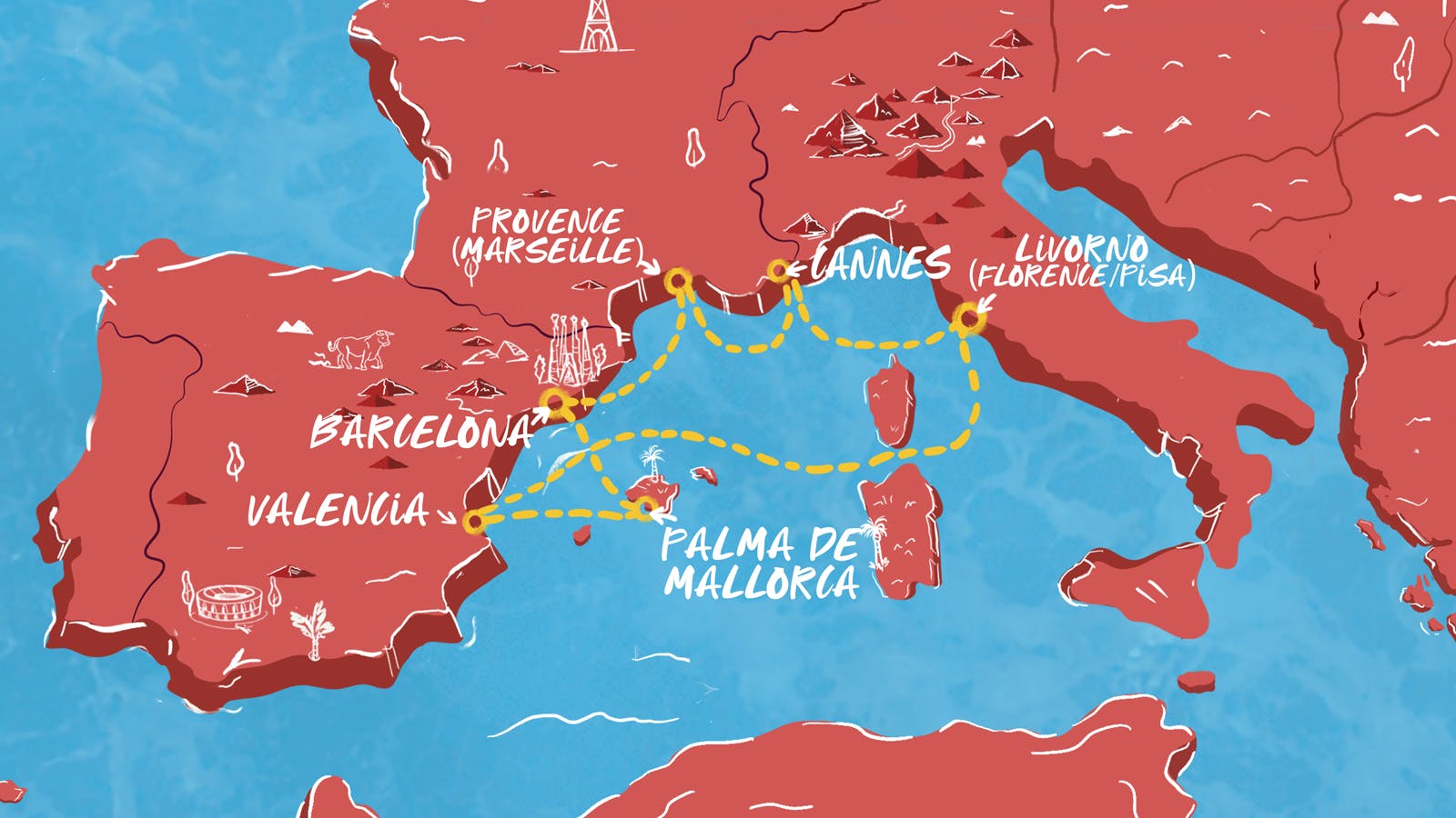 Map of Italy, Spain & French Riviera itinerary