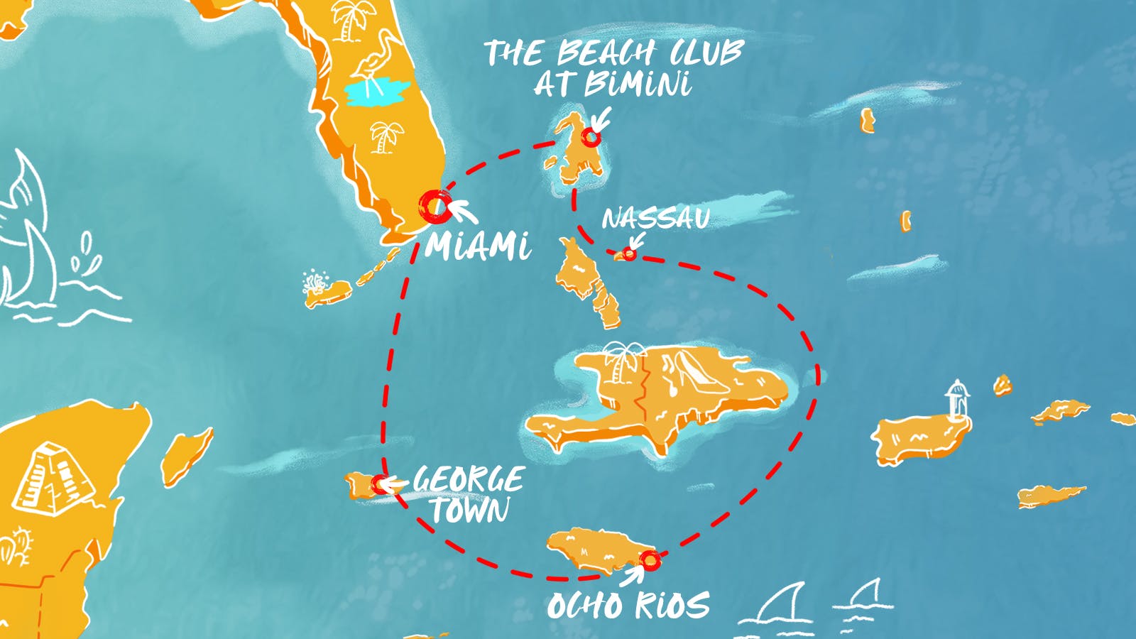 Map of Western Caribbean & Bimini Beach Club itinerary