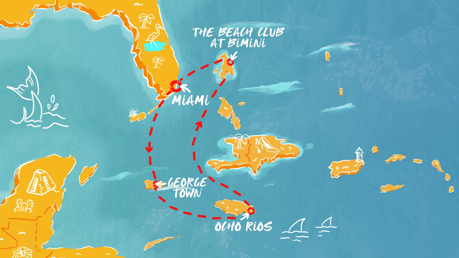 Map of Western Caribbean & Bimini Beach Club itinerary