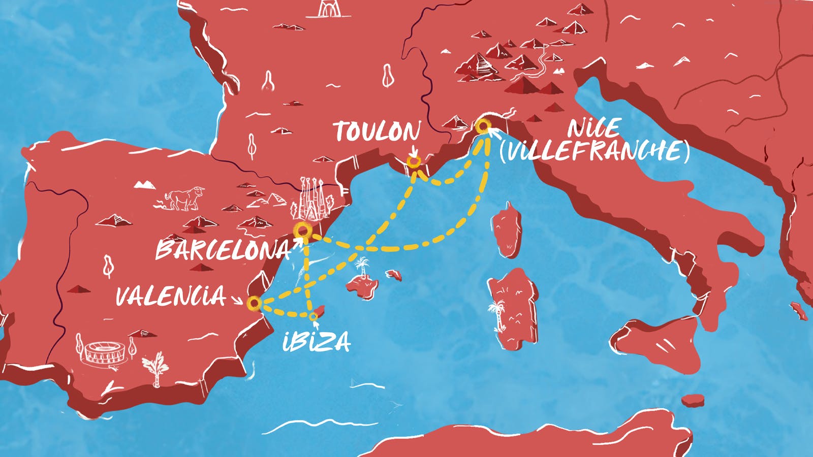 Map of French Riviera, Spain & Ibiza Overnight itinerary