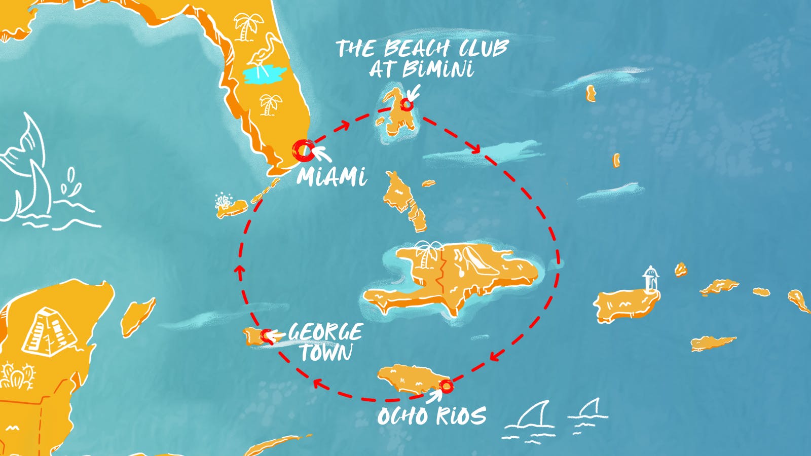 Map of Western Caribbean & Bimini Beach Club itinerary