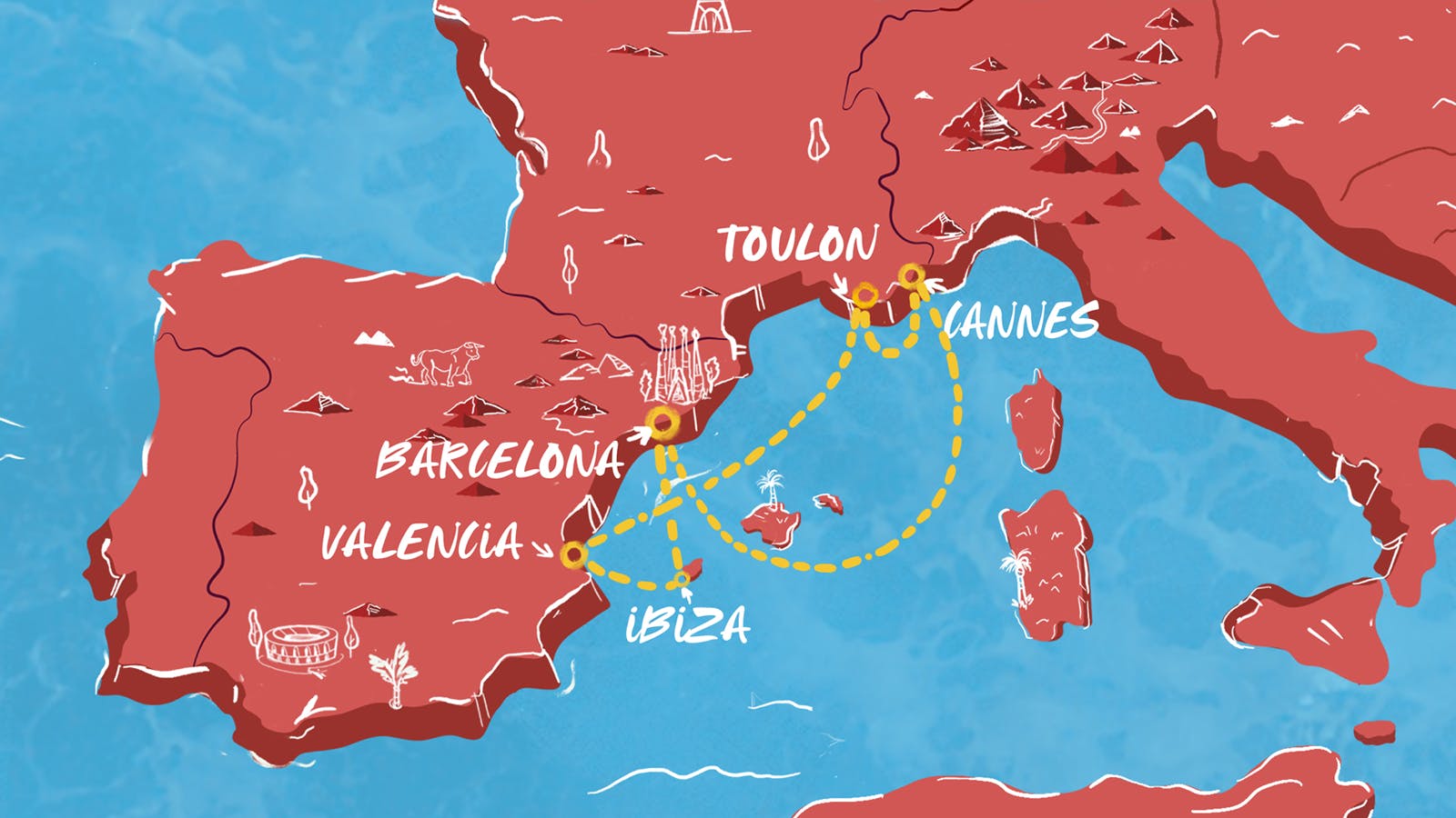 Map of French Riviera, Spain & Ibiza Overnight itinerary