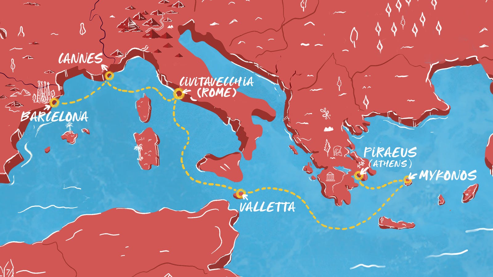 Barcelona to France, Italy & Greece itinerary map