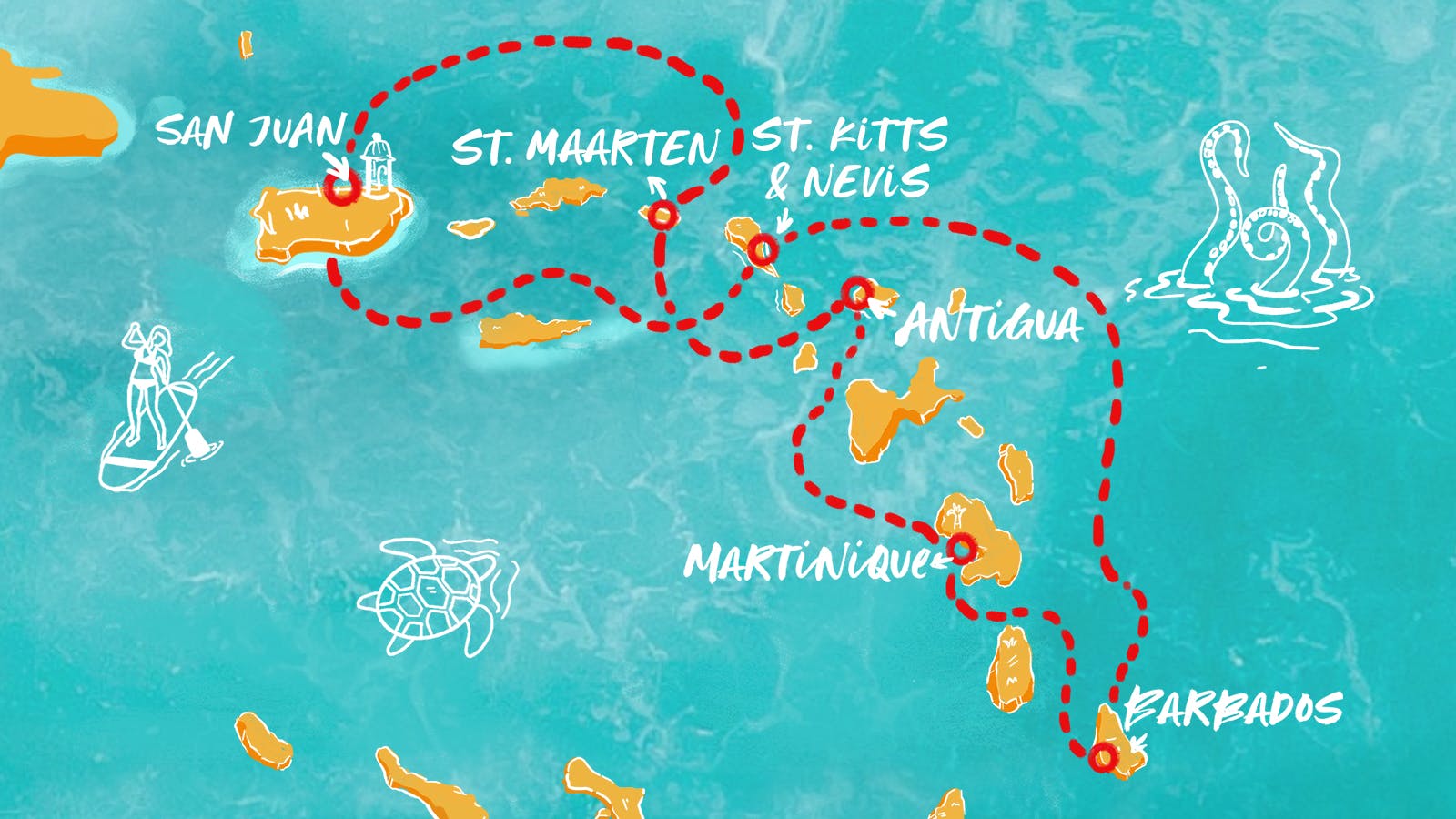Map of St. Kitts, Barbados, Martinique & More itinerary