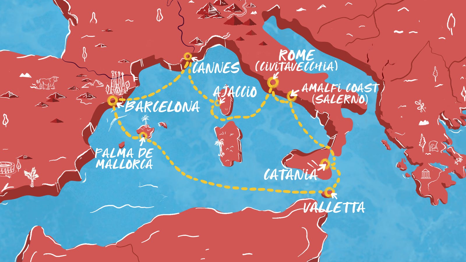 Map of Italy, Spain, Malta & French Riviera itinerary