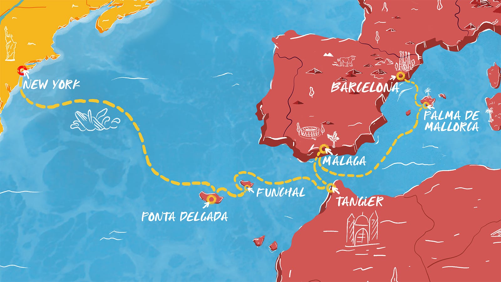Map of New York Transatlantic to Spain itinerary