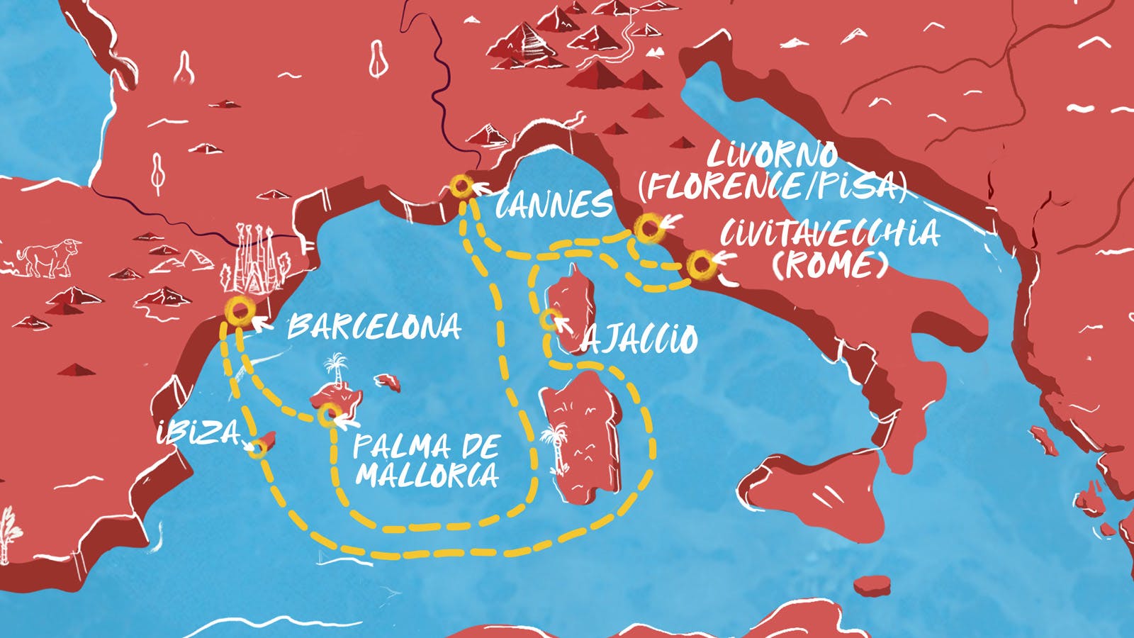 Map of Rome, Florence, Corsica & Ibiza itinerary
