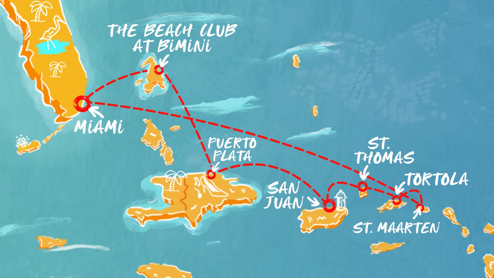 Map of Eastern Caribbean & Bimini Beach Club itinerary