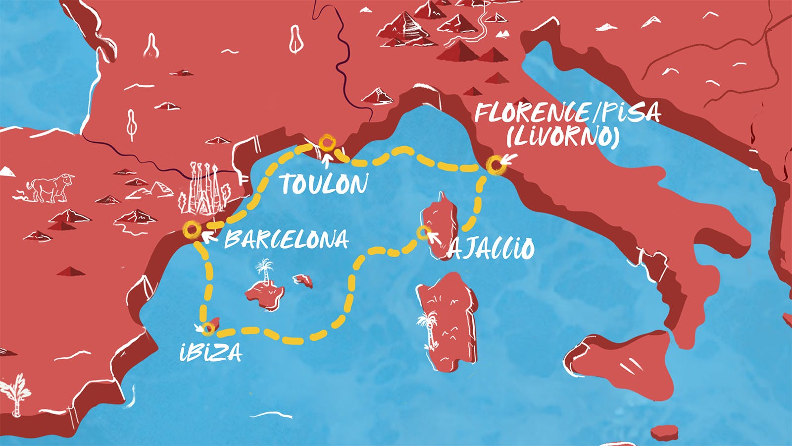 Map of Tuscany, Corsica & Ibiza itinerary