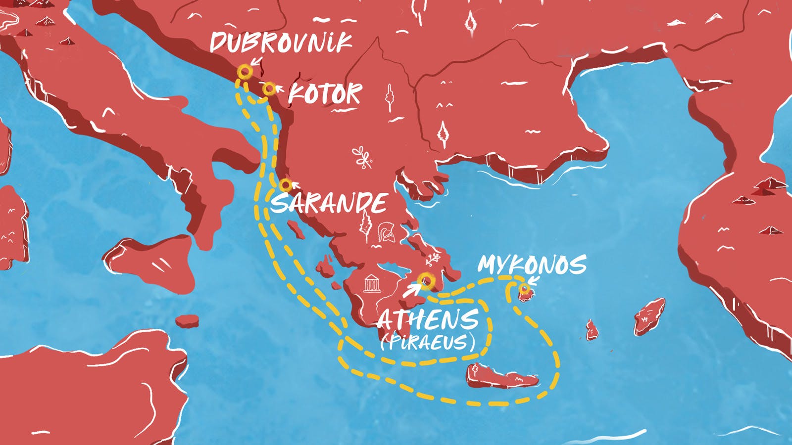 Map of Croatia, Montenegro, Greece & Albania itinerary