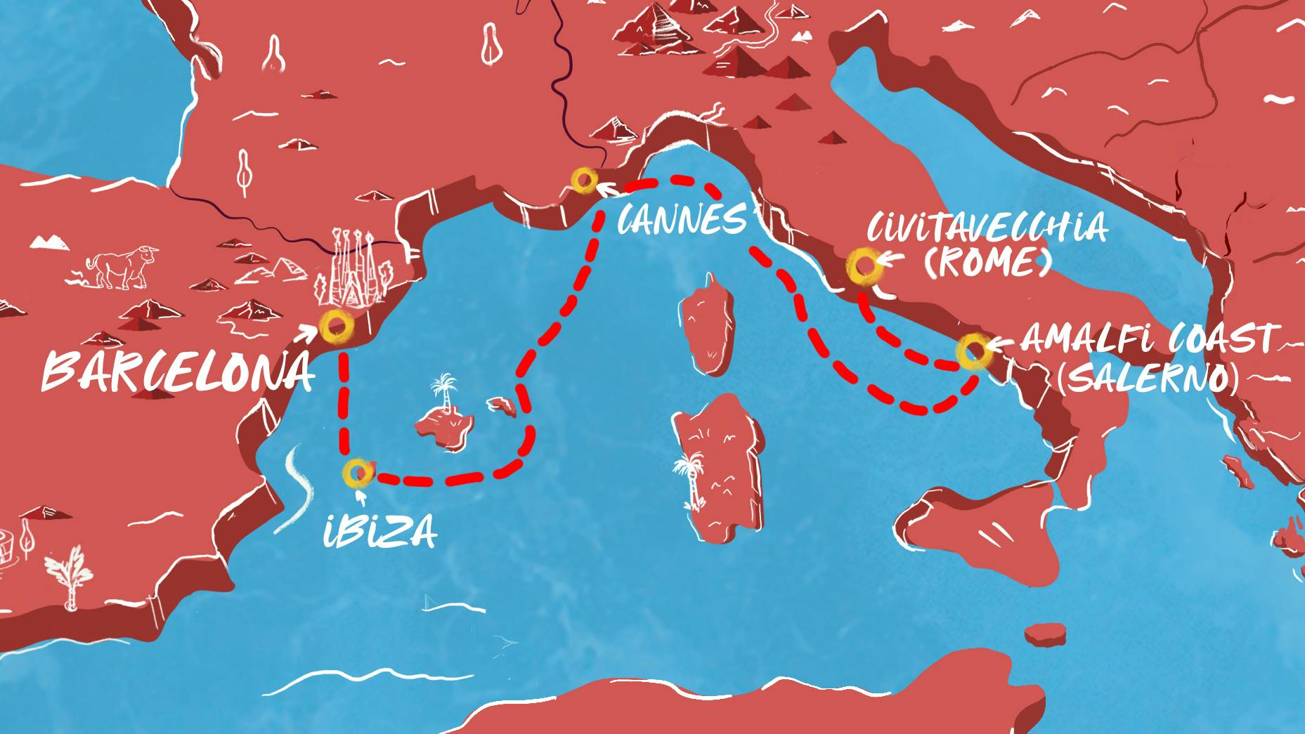 Map of Amalfi Coast, Cannes & Ibiza itinerary