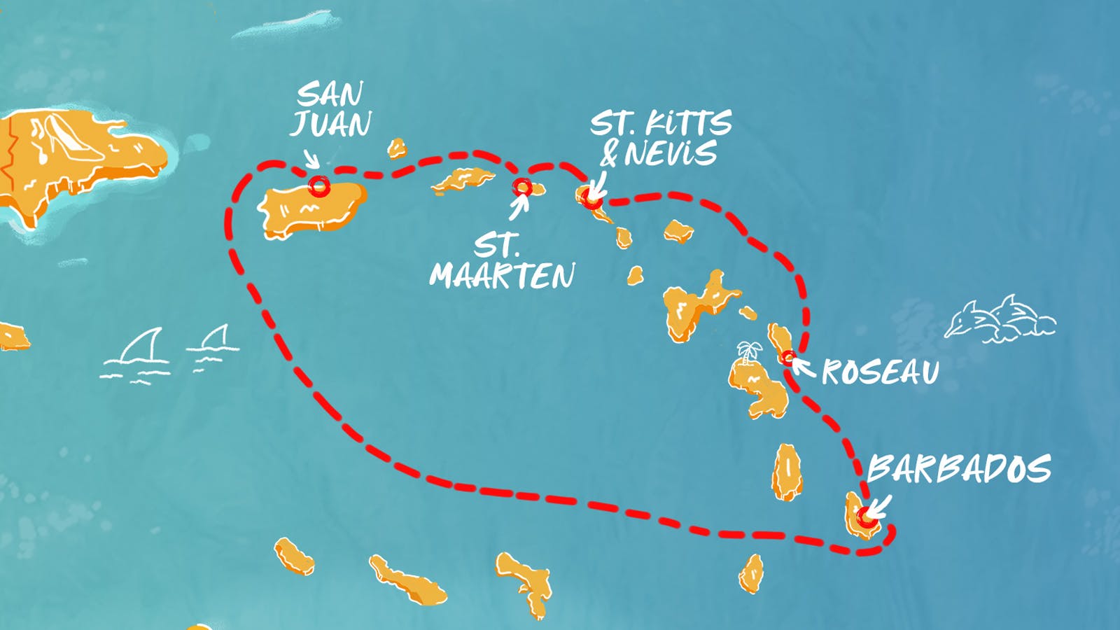 Map of San Juan to Barbados & the St. Isles itinerary
