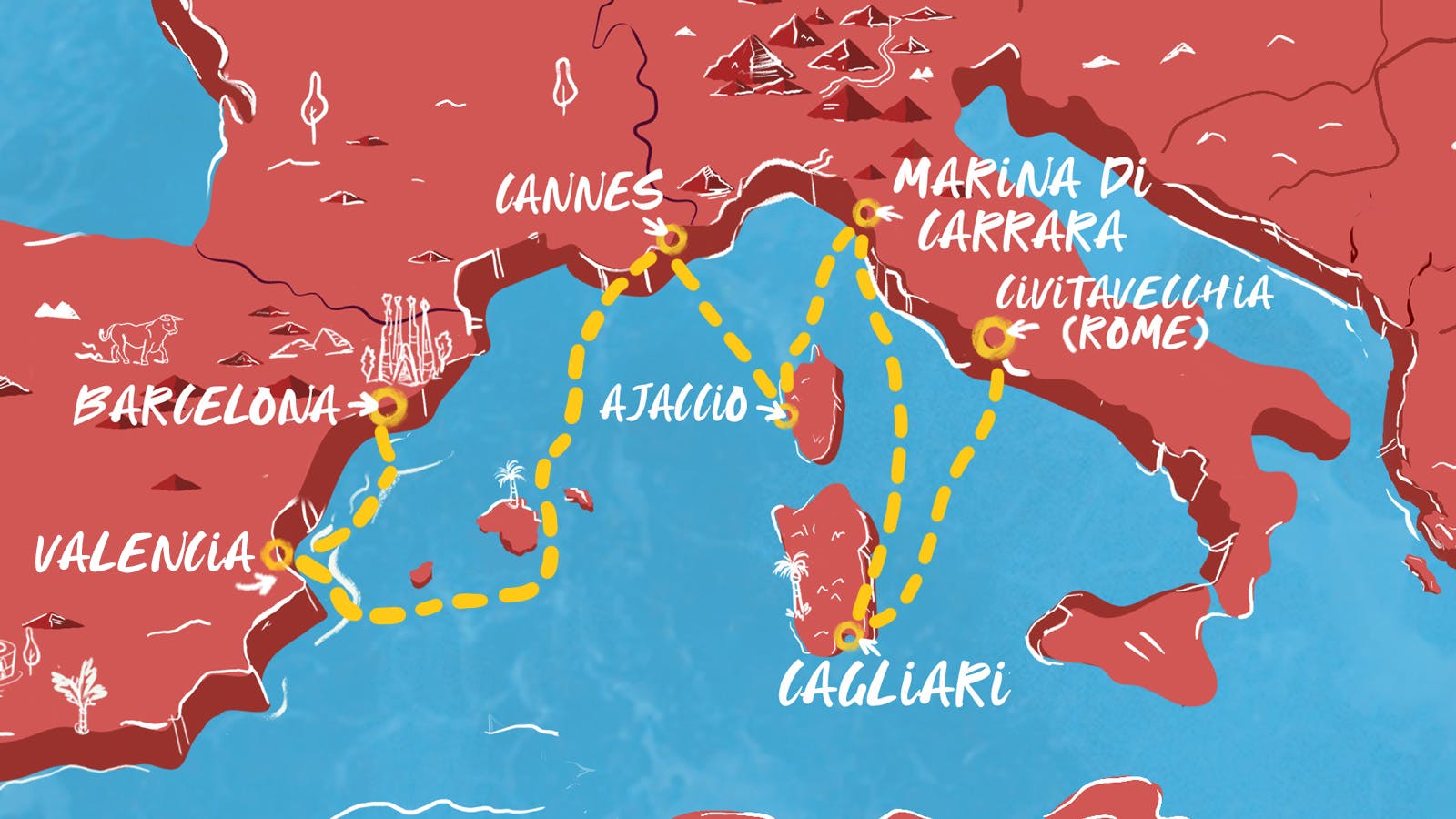 Italy to France & Spain map itinerary