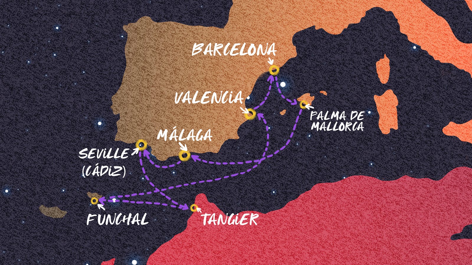 Map of Solar Eclipse: Spain, Portugal, Morocco itinerary