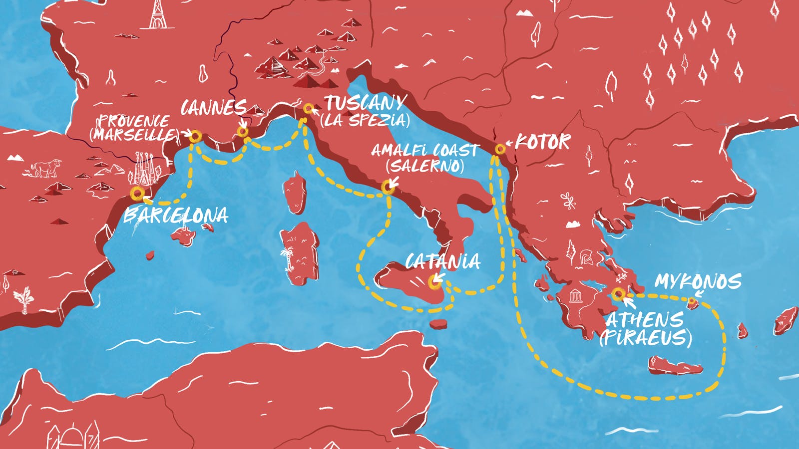 Map of Western Med: Athens to Barcelona itinerary