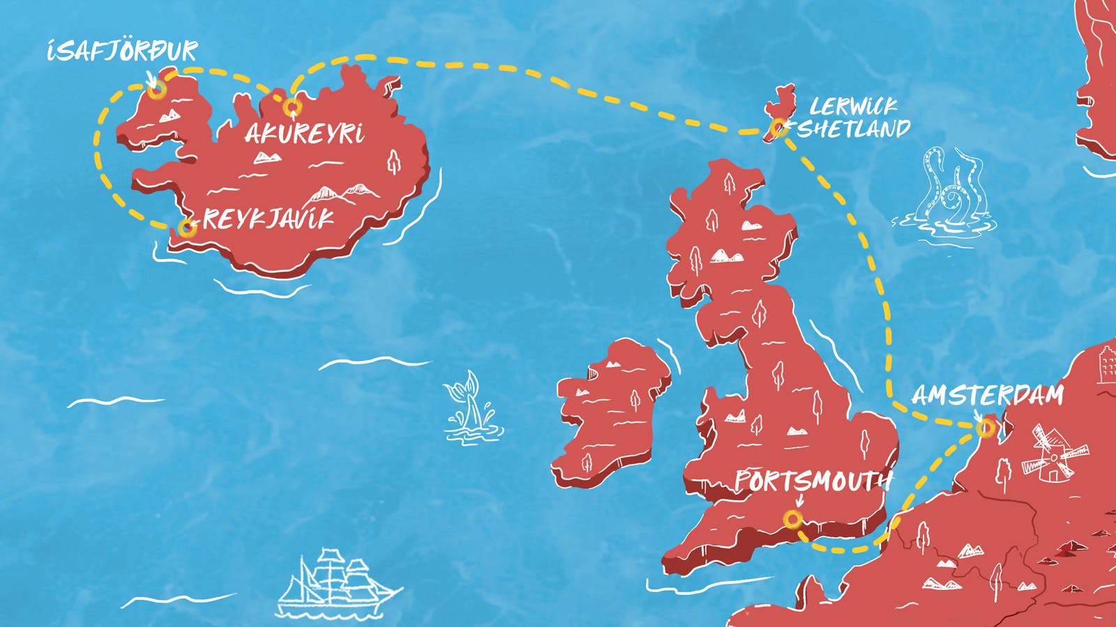 Map of Reykjavik to Amsterdam & Portsmouth Itinerary