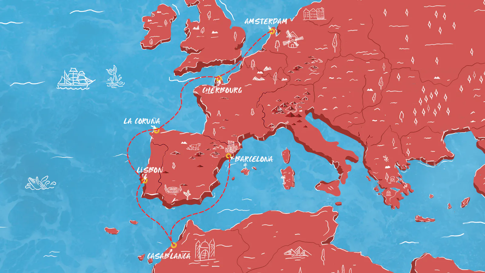 Map of Western Europe: Barcelona to Amsterdam itinerary