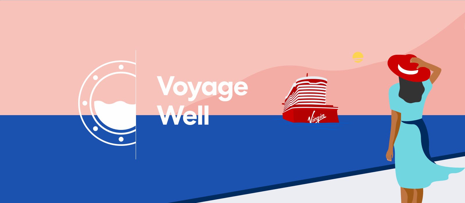 Illustration of a woman wearing a hat on shore watching a ship sail away with the Voyage Well logo over it for the Health & Safety blog header.