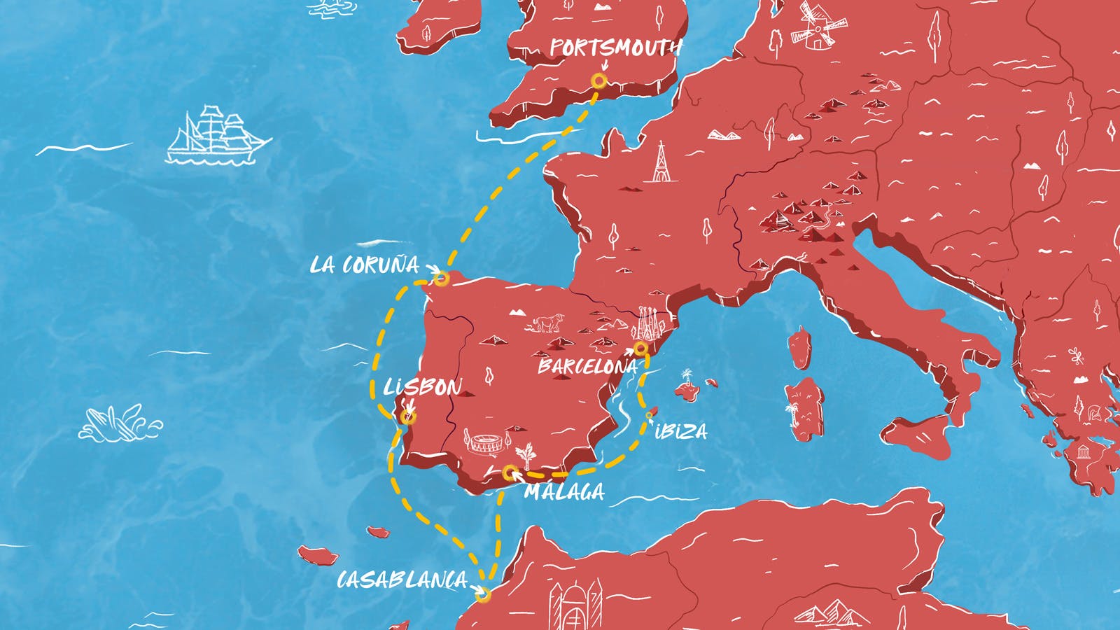 Map From the UK to Spain and Morocco itinerary