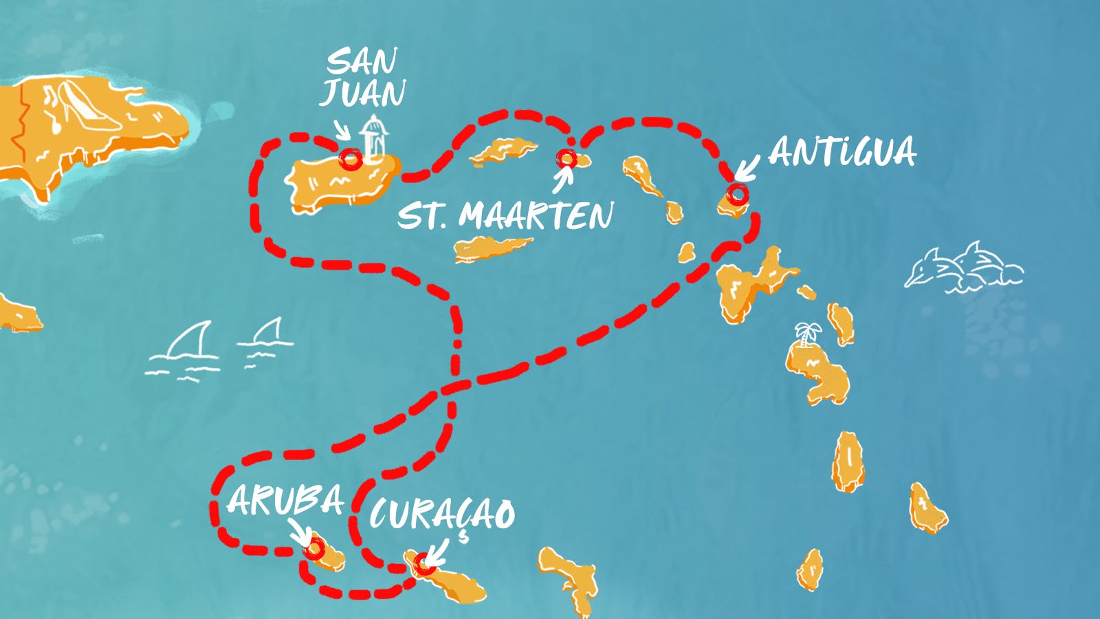Map of Colorful Curçao, Aruba & Antigua itinerary