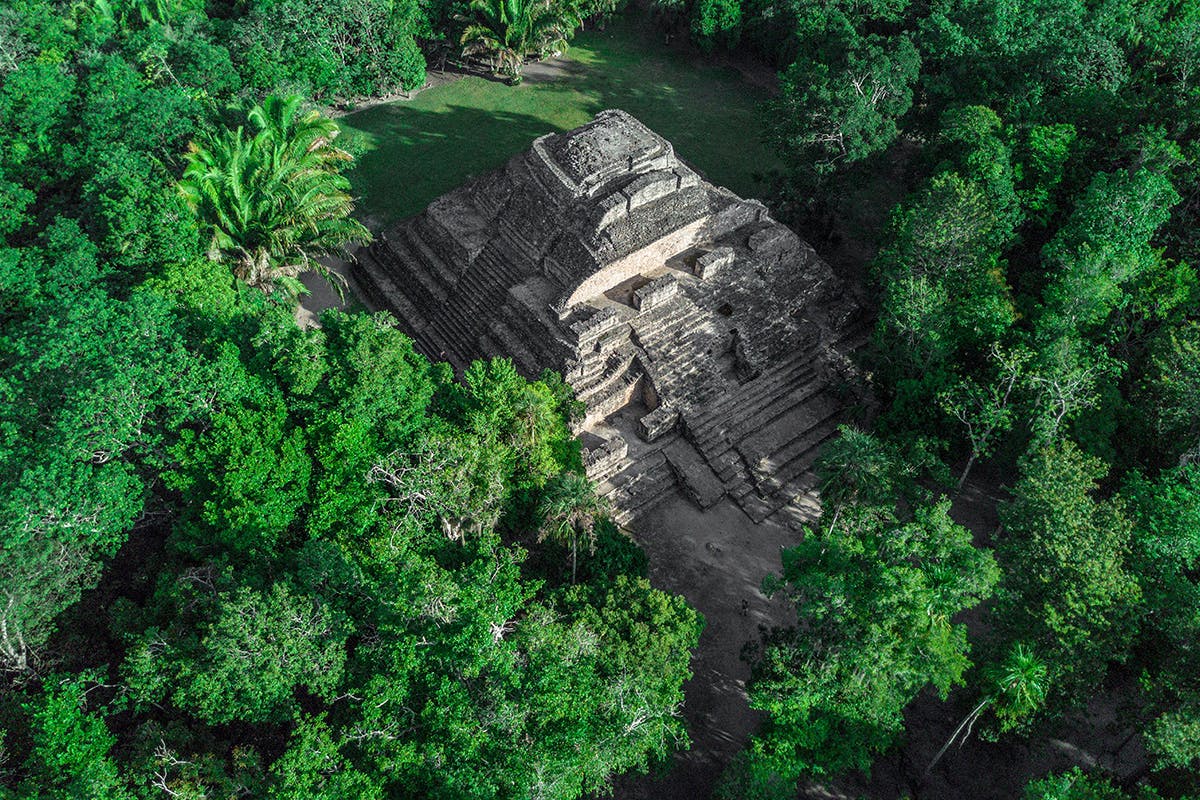 Aerial view of Chacchoben Mayan pyramid