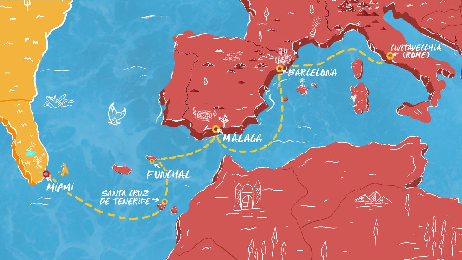 Map From Rome to Miami itinerary