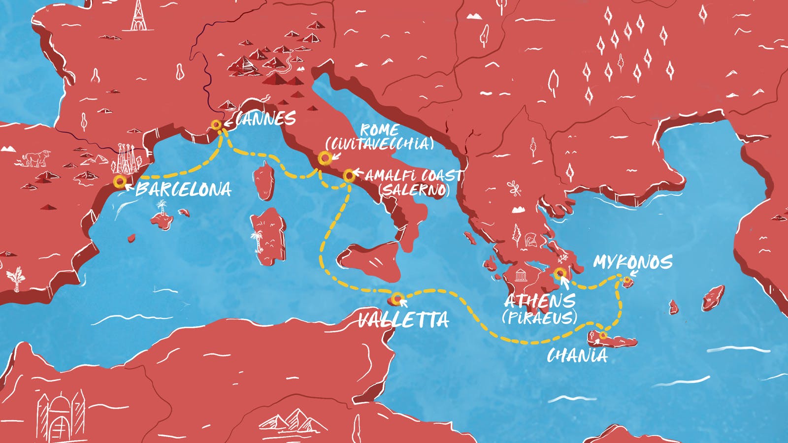 Map of Western Med: Barcelona to Athens itinerary