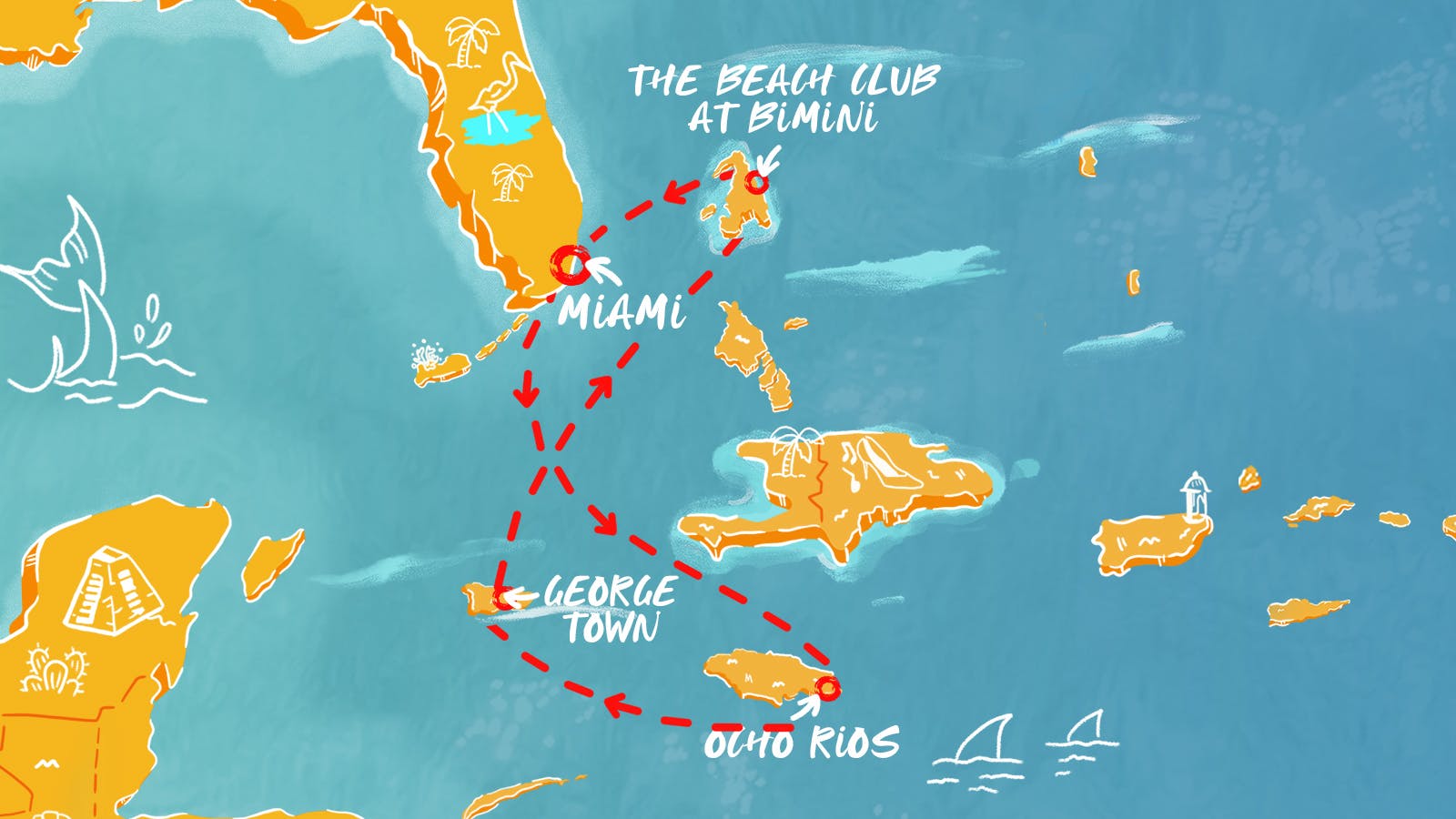 Map of Western Caribbean & Bimini Beach Club itinerary