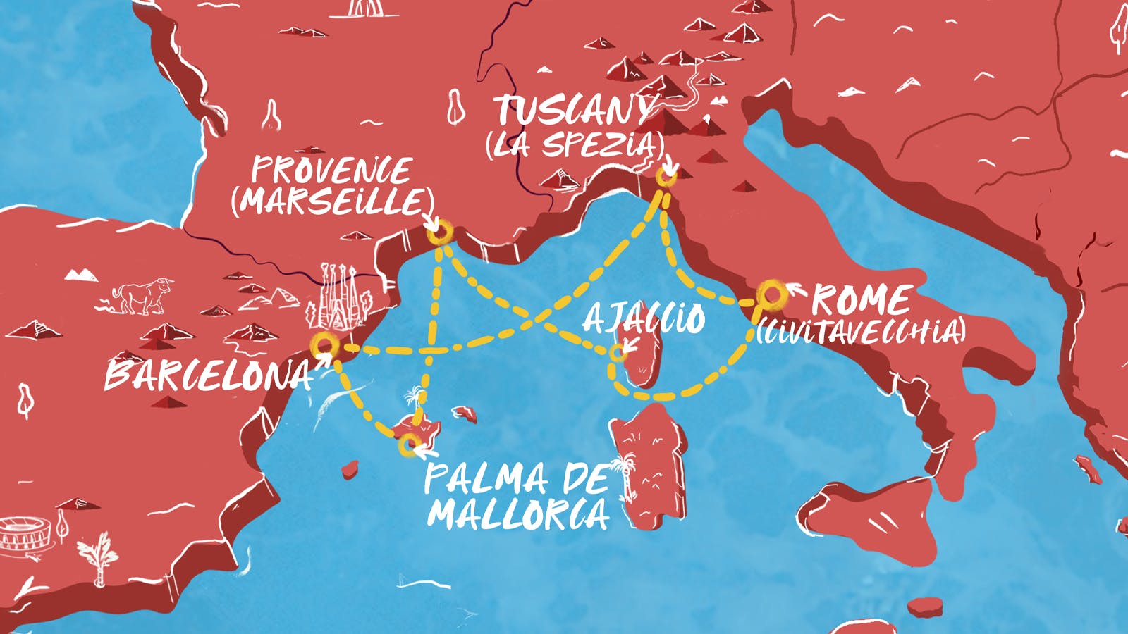 Map of Italy, Spain & French Riviera itinerary